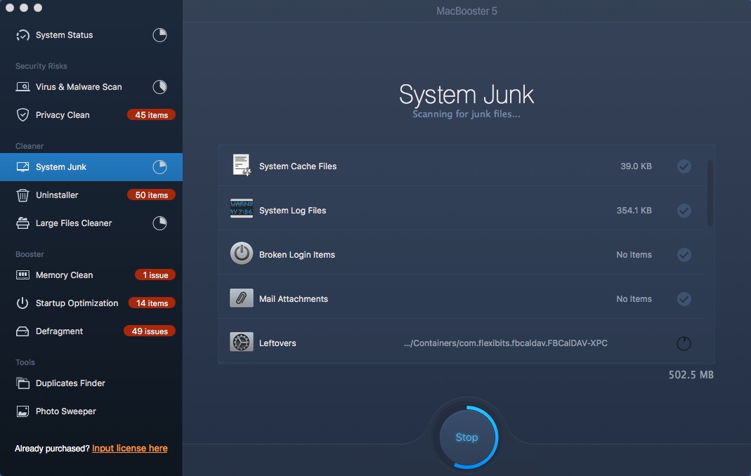 MacBooster 5.0 : System Junk Window
