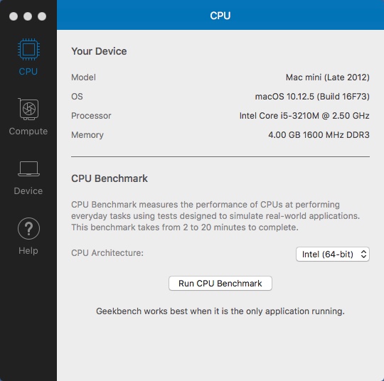 Geekbench 4.1 : CPU Window