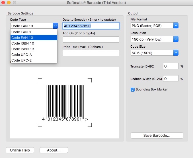 Softmatic Barcode 4.2 : Selecting Code Type