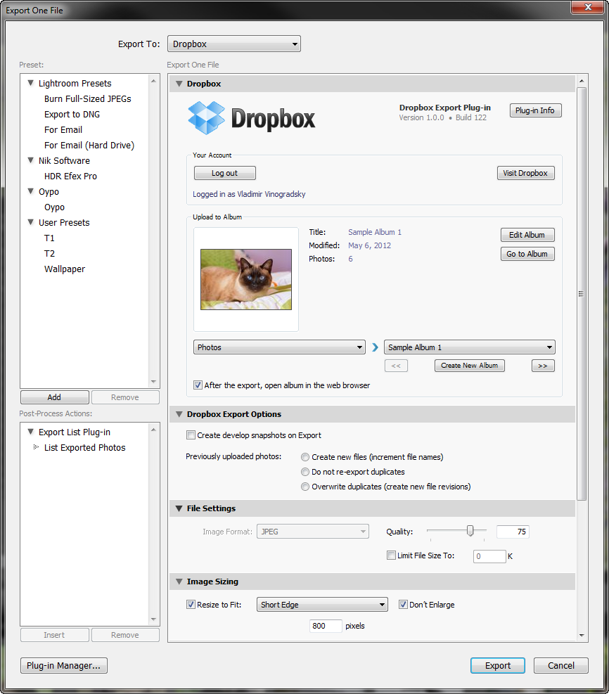 DropboxExport 2.1 : Main Interface