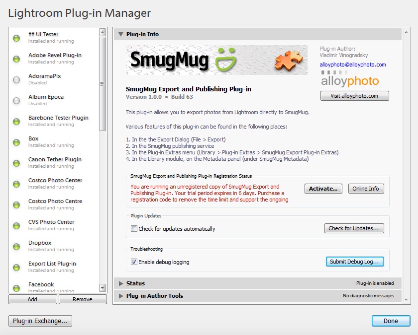 SmugMug Export Plugin 2.8 : Main window