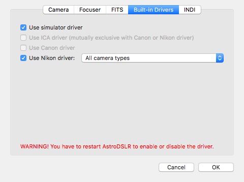 AstroDSLR 1.3 : Drivers Options