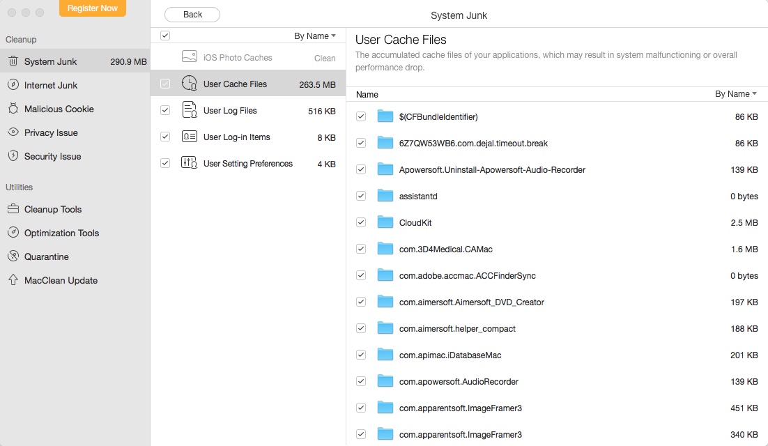 MacClean 3.2 : Checking Cache Files Scan Results
