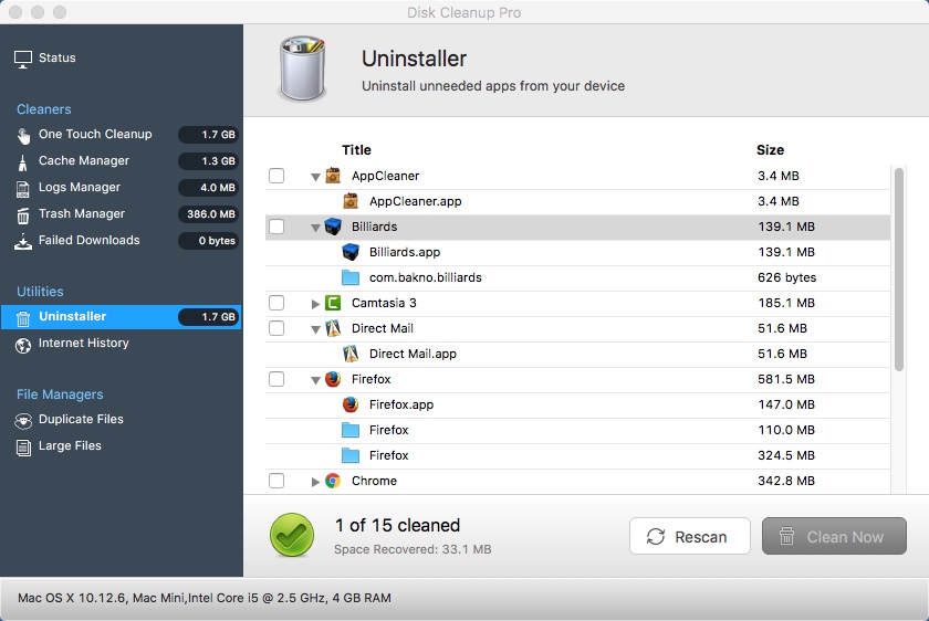 Disk Cleanup Pro : Uninstaller Window