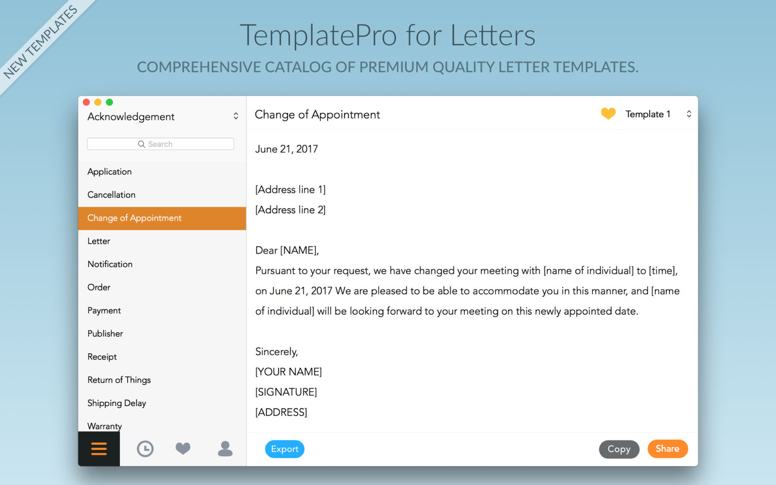 TemplatePro for Letters 1.0 : Main Window