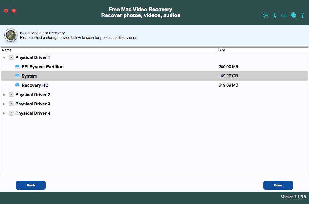 Free Mac Video Recovery 1.1 : Select Media For Recovery