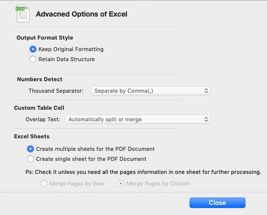 PDF to Excel by Flyingbee 2.0 : Advanced Options