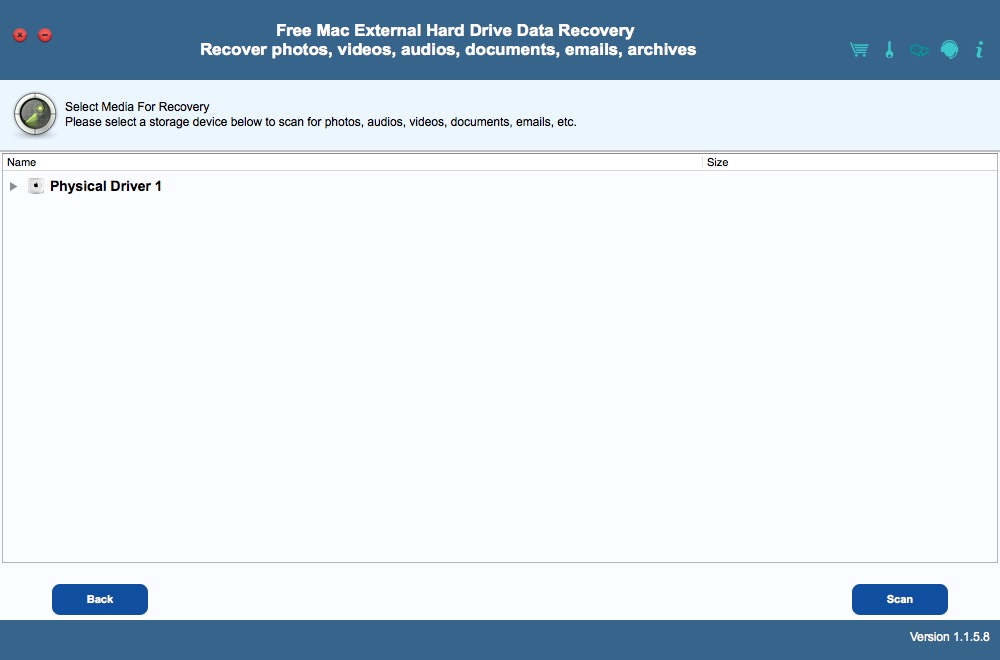 Free Mac External Hard Drive Data Recovery 1.1 : Select Media Window