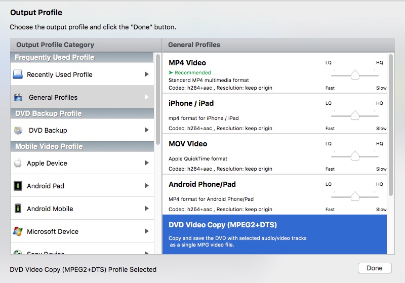 WinX DVD Ripper For Mac 5.6 : Selecting Output Profile