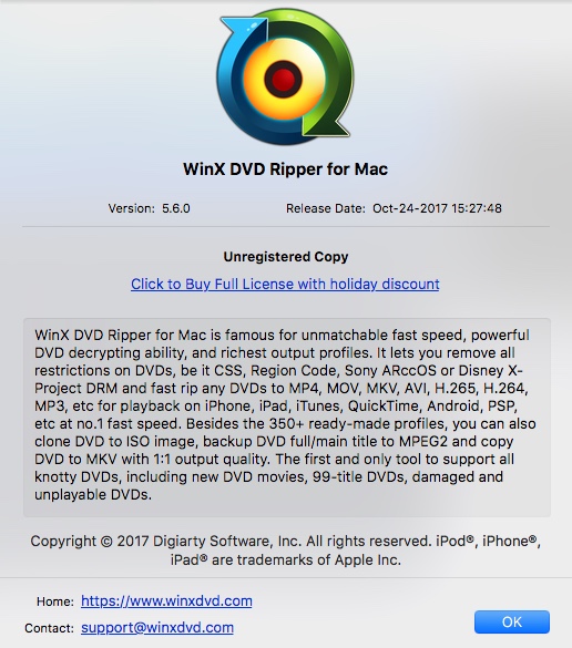 WinX DVD Ripper For Mac 5.6 : About Window