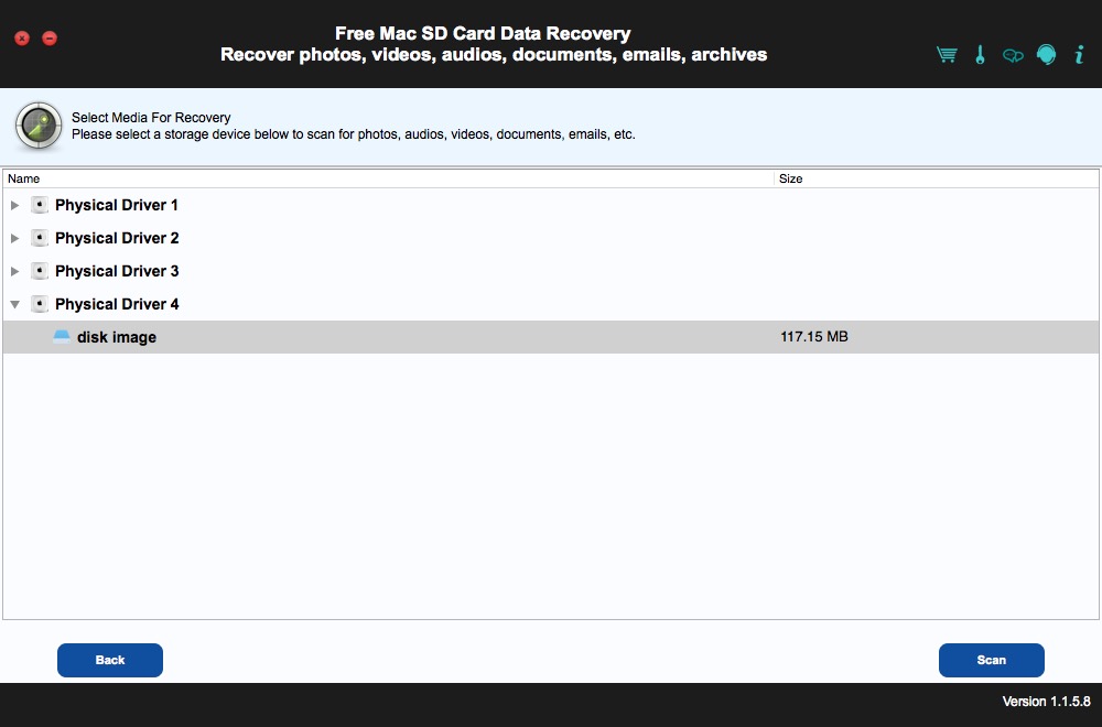 Free Mac SD Card Data Recovery 1.1 : Select Media Window