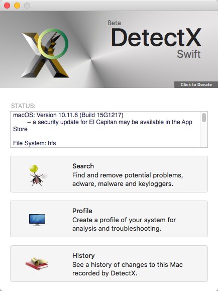 DetectX Swift 0.1 : Main Window