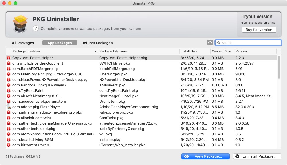 UninstallPKG 1.1 : App Packages tab