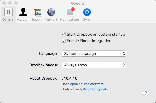 Dropbox 40.4 : Preferences Window