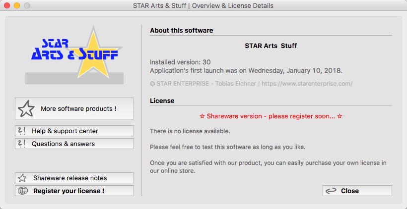 STAR Arts & Stuff 30.0 : About Window