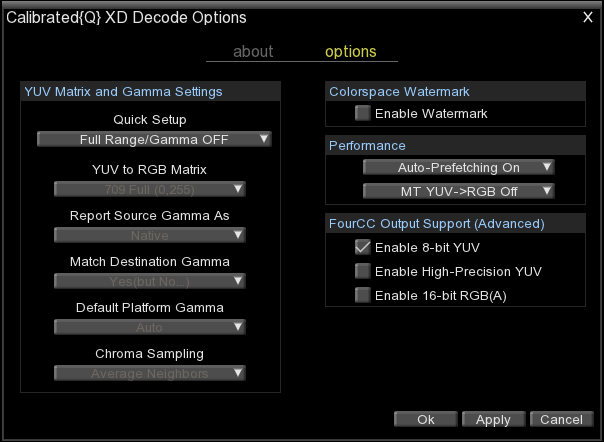 Calibrated{Q} XD Decode 2.1 : Options window