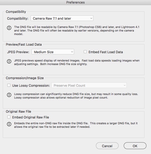 Adobe DNG Converter 10.2 : Preferences Window