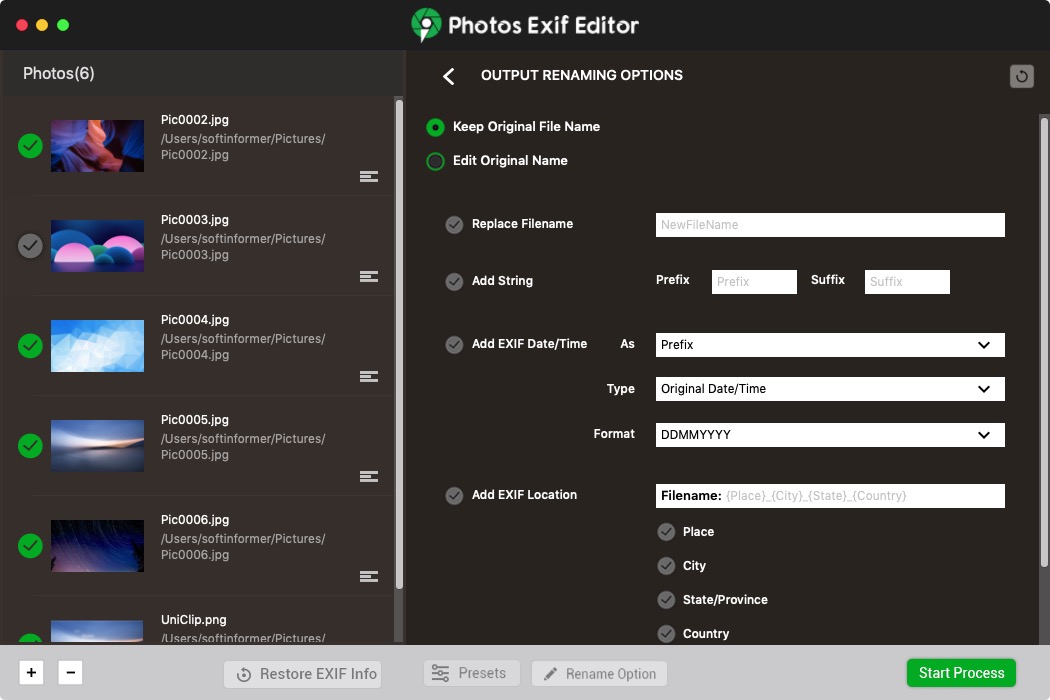 Photos Exif Editor 2.1 : Renaming Options