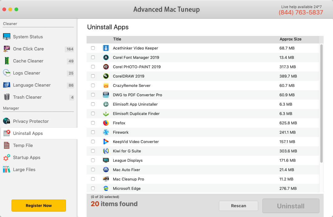 Advanced Mac Tuneup 2.9 : Uninstall App Options