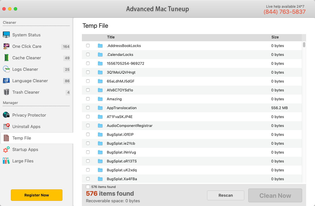 Advanced Mac Tuneup 2.9 : Temp Files Window