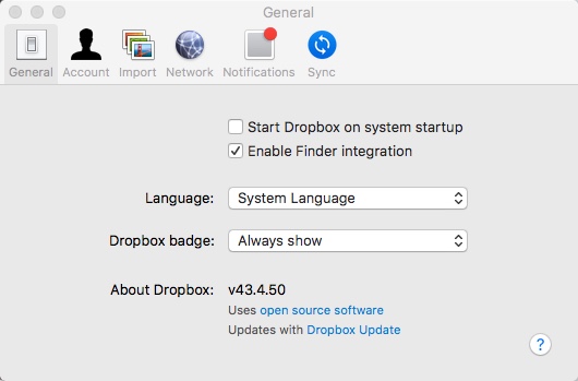 Dropbox 43.4 : Preferences Window