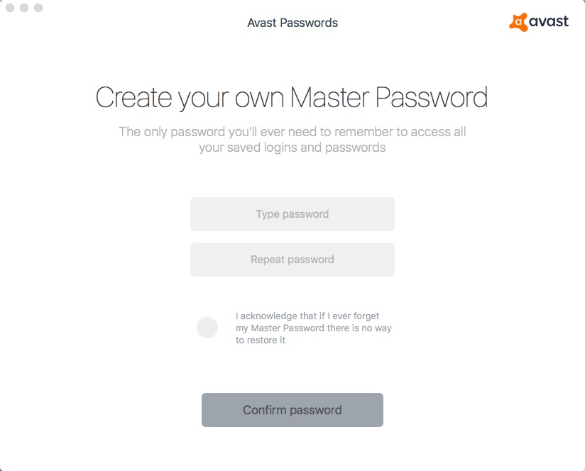 Avast Passwords 2.0 : Creating Master Password