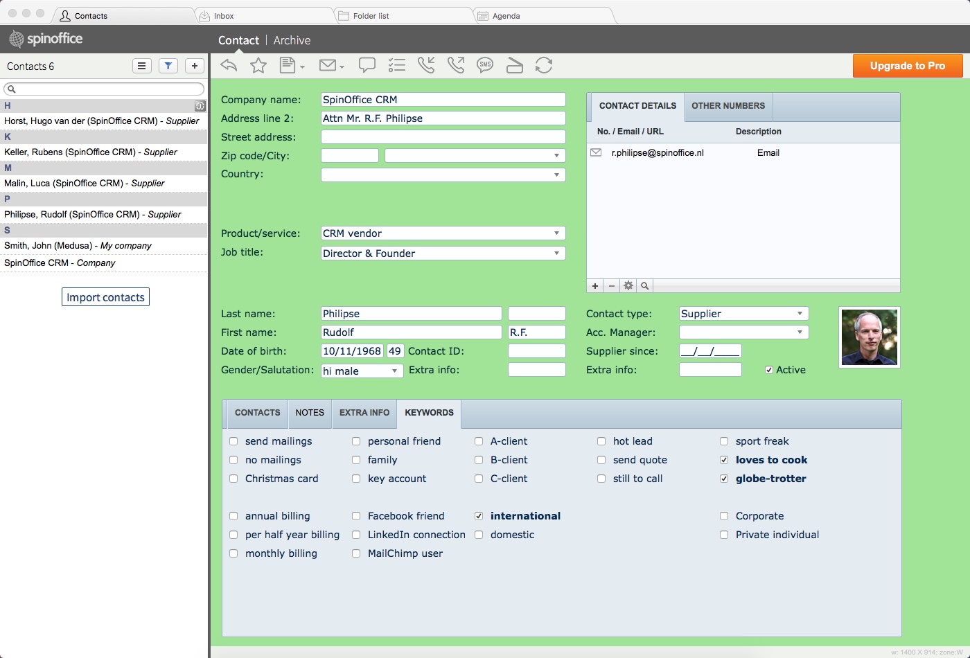 SpinOffice CRM 9.1 : Main Window