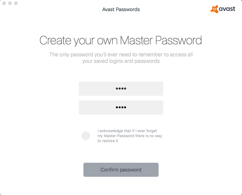 Avast Passwords 2.2 : Creating Master Password