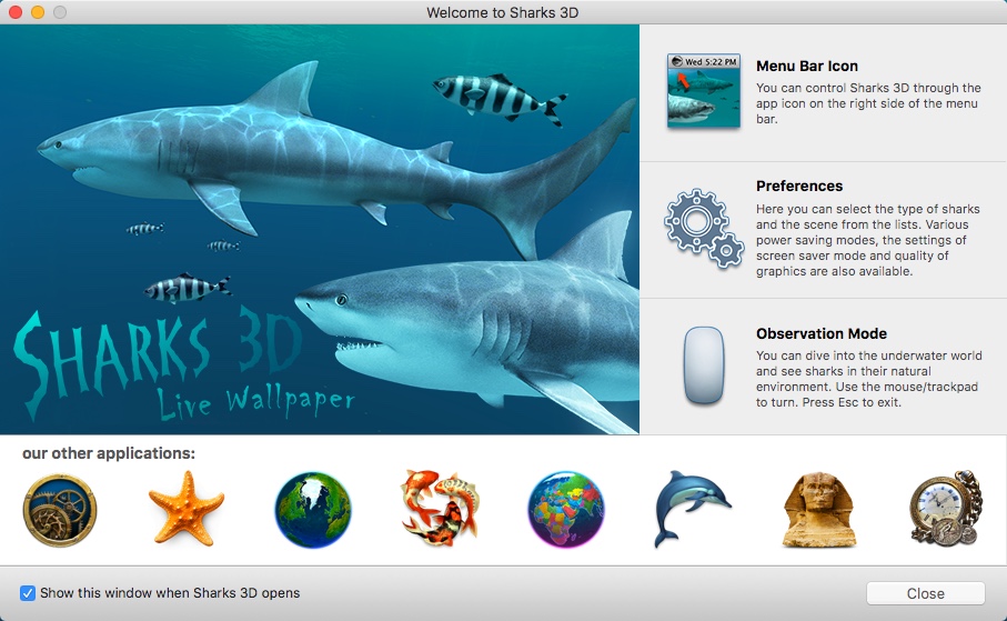 Sharks 3D 1.3 : Welcome Window