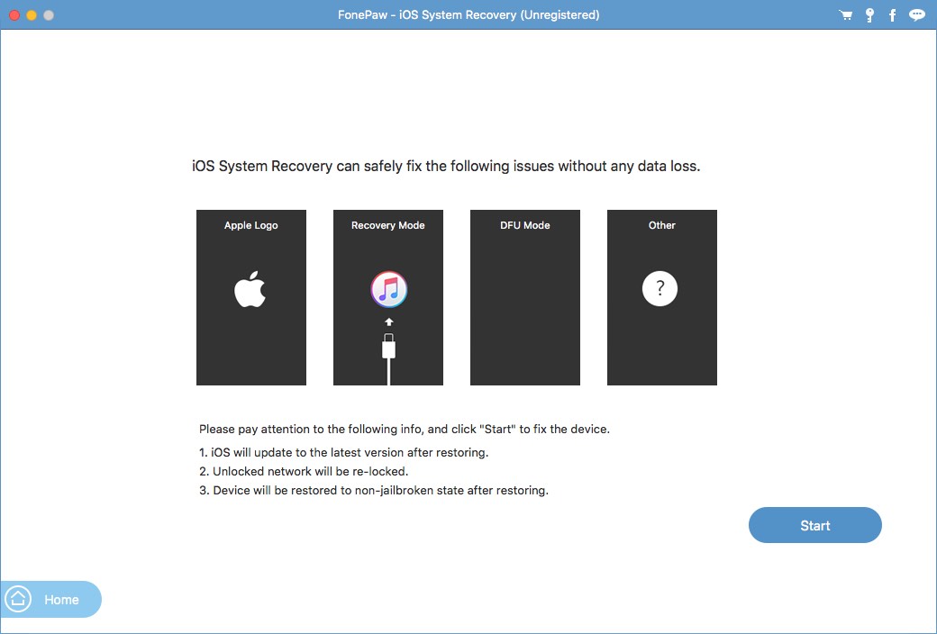 FonePaw iOS System Recovery 3.4 : Main Window