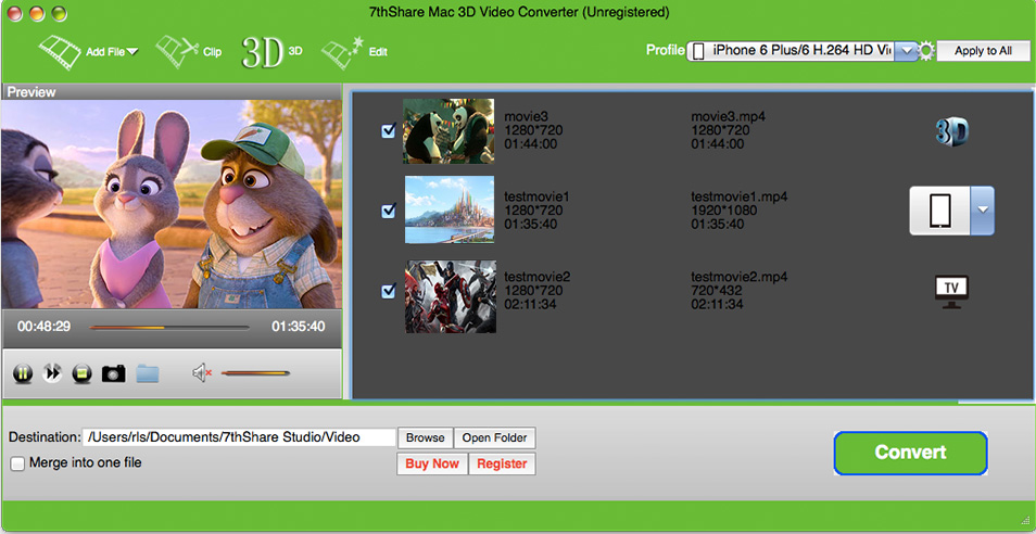 7thShare Mac 3D Video Converter 3.3 : Main image