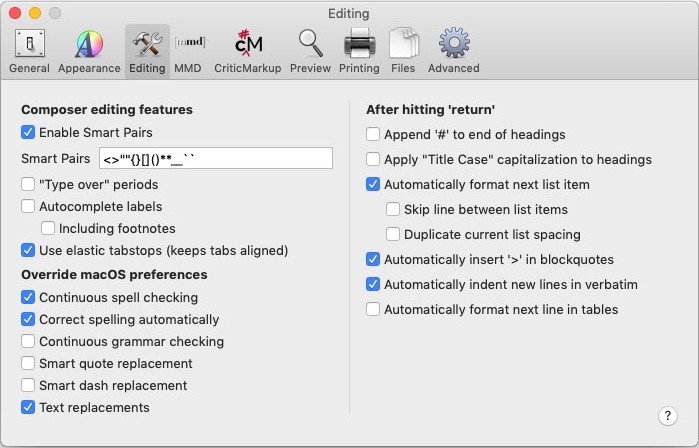 MultiMarkdown Composer 4.4 : Editing Preferences 