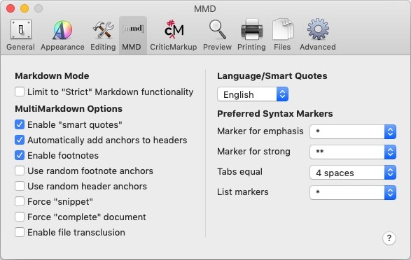 MultiMarkdown Composer 4.4 : MMD Preferences 