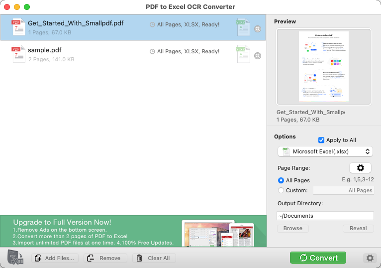 PDF to Excel OCR Converter 1.0 : Add Files Window