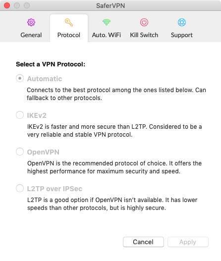 SaferVPN 4.4 : Protocol Preferences 