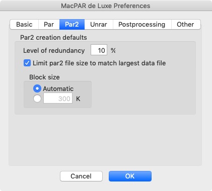 MacPAR deLuxe 5.1 : PAR2 Preferences