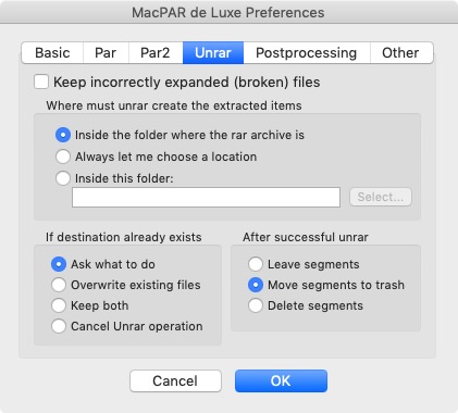MacPAR deLuxe 5.1 : UnRAR Preferences