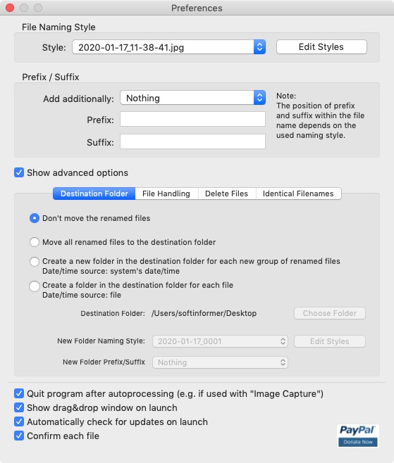 ExifRenamer 2.3 : Advanced Options-Destination Folder 