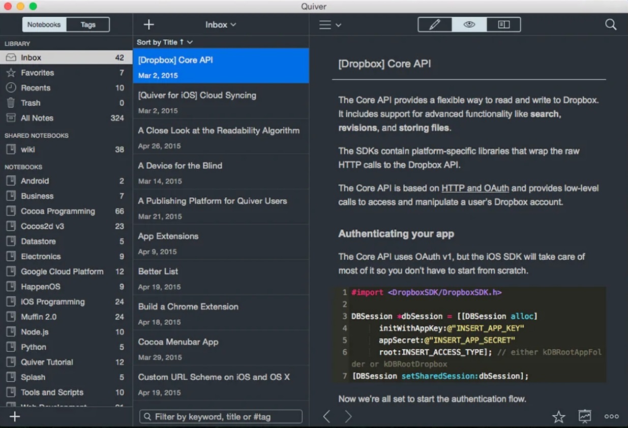 Quiver: The Programmer's Notebook 3.2 : Main Screen - Inbox