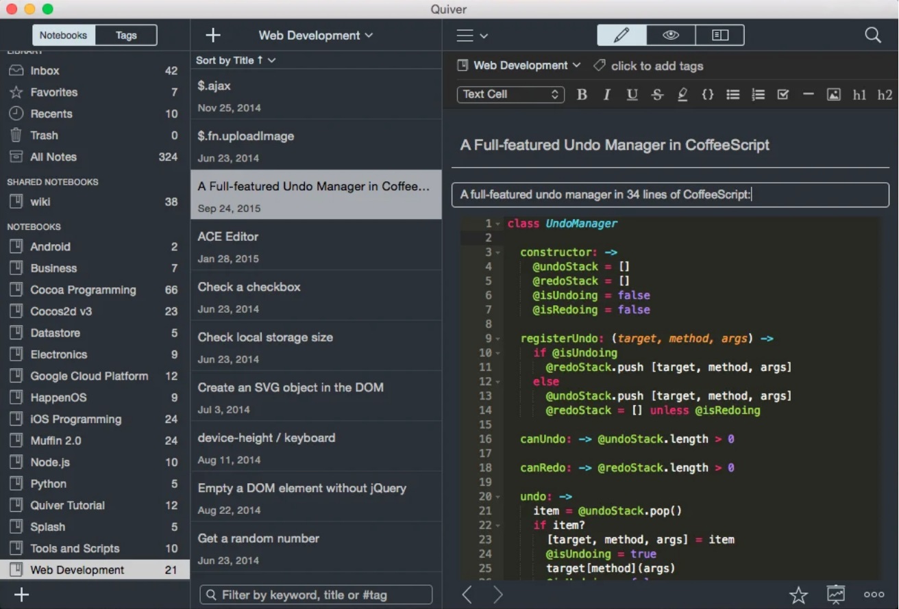 Quiver: The Programmer's Notebook 3.2 : Main Screen - Web Development