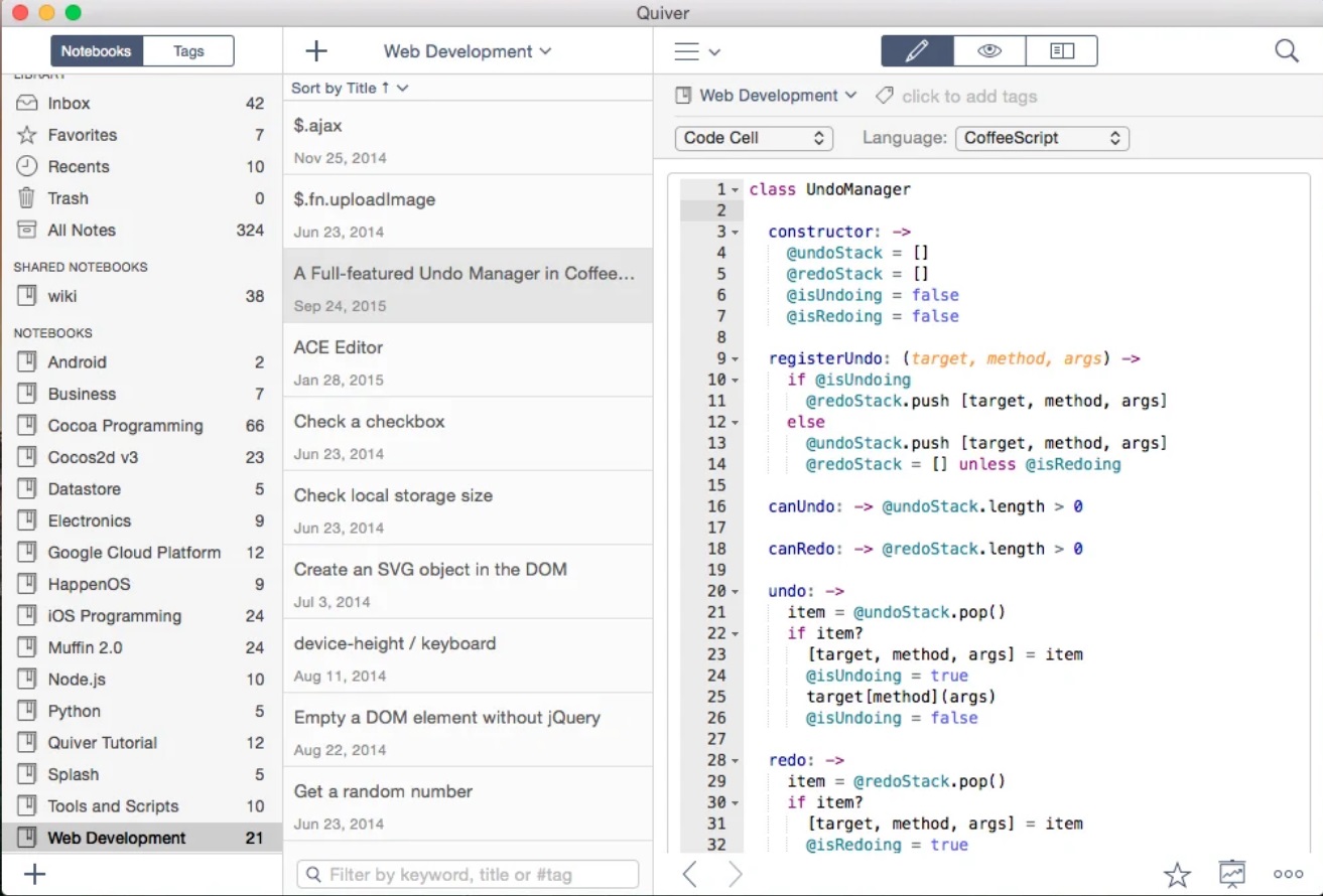 Quiver: The Programmer's Notebook 3.2 : Main Screen -Light Mode