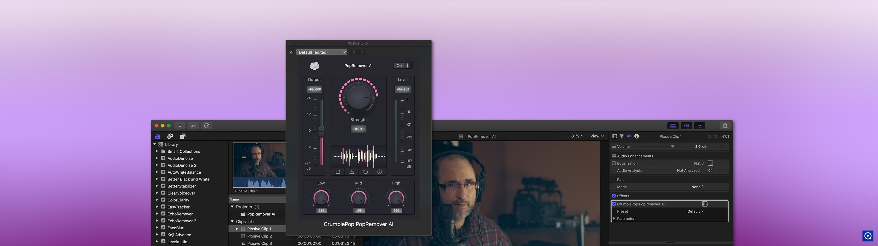 FxFactory 7.1 : PopRemover AI: Remove plosive sounds from videos and podcasts