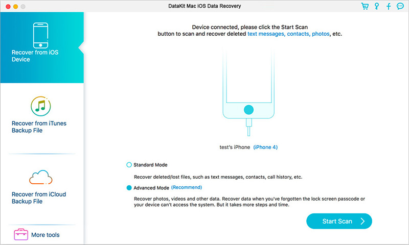 DataKit Mac iOS Data Recovery 9.0 : Main Window