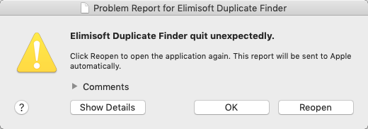 Elimisoft Duplicate Finder 1.2 : Error Window