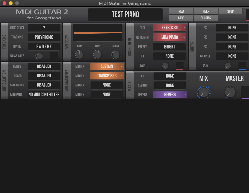 MIDI Guitar For Garageband 2.6 : Main window