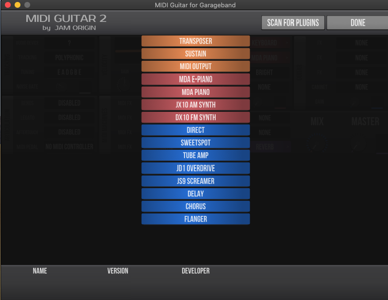 MIDI Guitar For Garageband 2.6 : Plugins screen