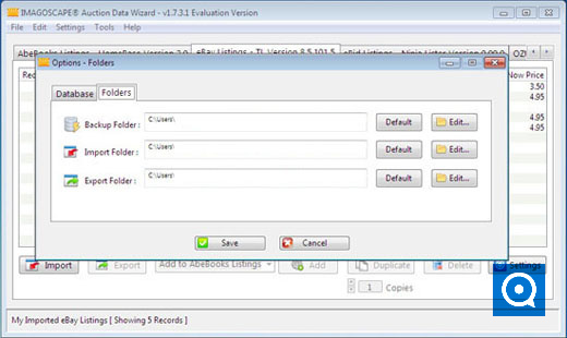Auction Data Wizard 2.2 : Showing Options for Folders Window