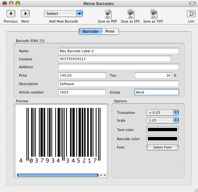 Mac Barcode Label 2.5 : Main window