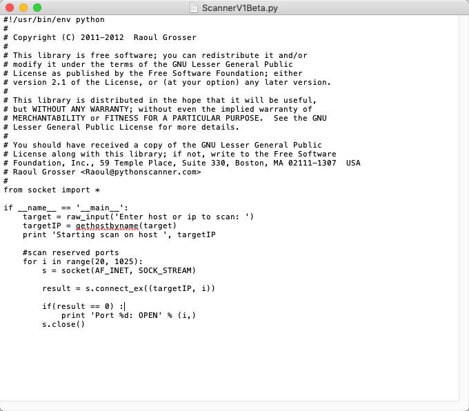 Python Port Scanner 1.0 : Main Window