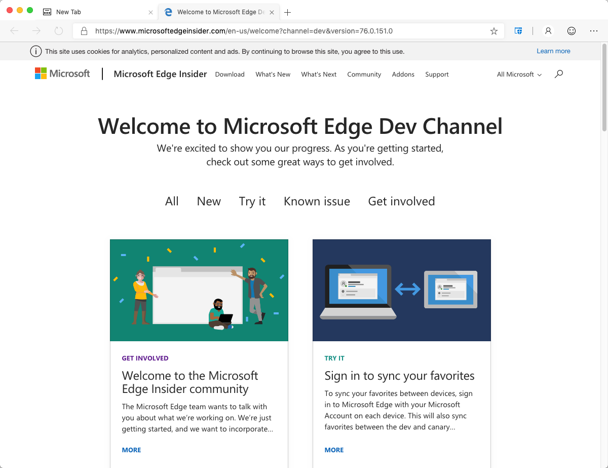 Microsoft Edge Dev 76.0 : Main Window